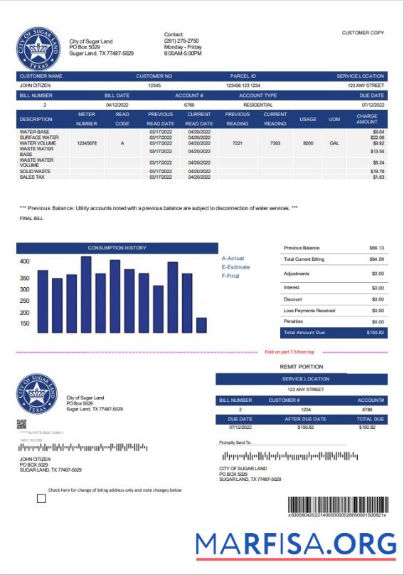Printable USA Texas City of Sugar Land utility bill template in Word and PDF format